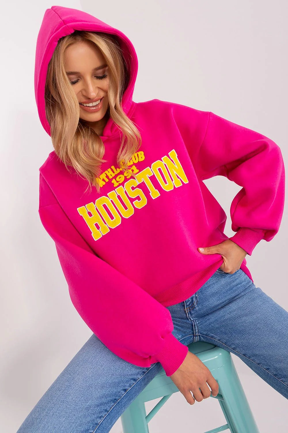 Sweatshirt Femme Casual Oversized Hot Pink Houston Imprimé Capuche Coton Polyester Mode Élégant
