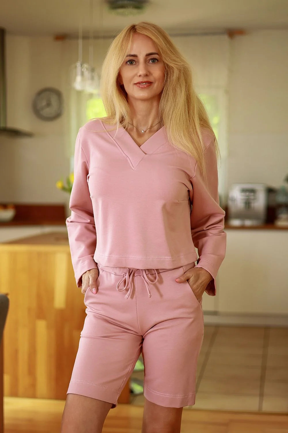 Ensemble Mirale pour femme haut manches longues short genou rose pâle coton élasthanne confortable