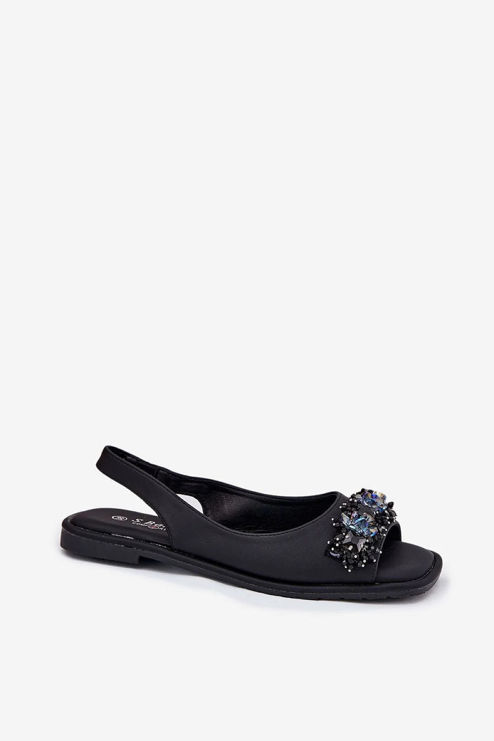 Sandales pour femme élégantes style moderne cuir noir détails pierres perles confort talon plat été
