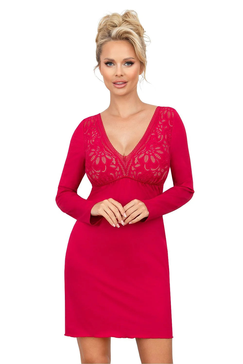 Chemise de nuit élégante Donna manches longues dentelle V-neck ajustée viscose élasthanne polyamide femme