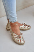 ballerines dorées cuir naturel femmes élégantes raffinées confortables slipon bout rond semelle jute compensée ajourées pétales nœud décoratif