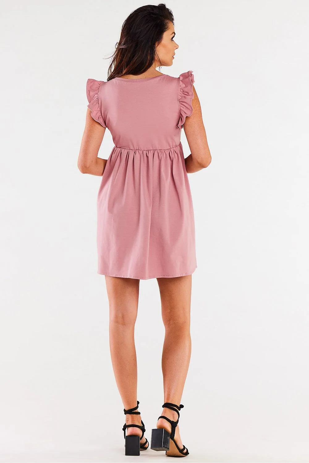 Robe d'été féminine rose pâle empire manches courtes volants coton Pologne taille ajustable femme