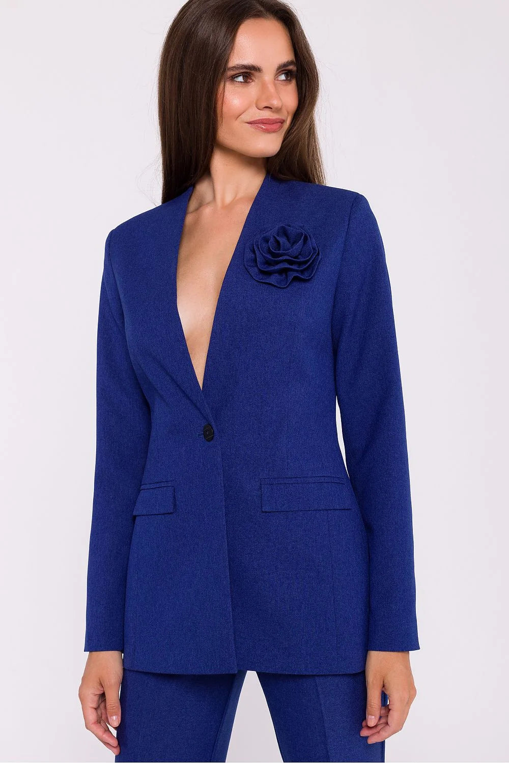 Veste Stylove pour femme élégante ajustée sans col bleu profond fleur decorative bouton unique