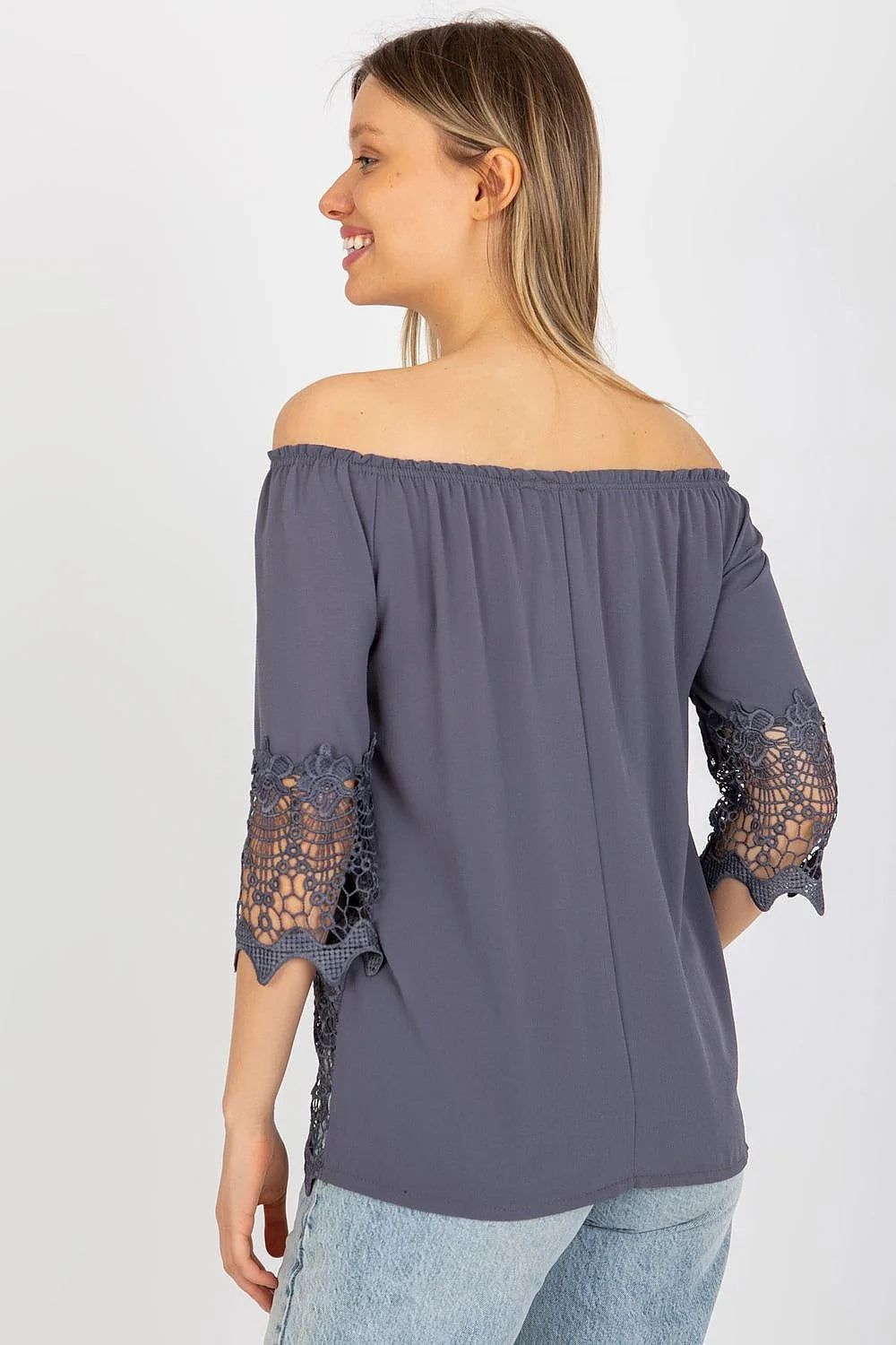 chemisier femme élégant décolleté espagnol épaules exposées manches troisquarts dentelle florale gris foncé coton élasthanne polyester léger respirant ample estival
