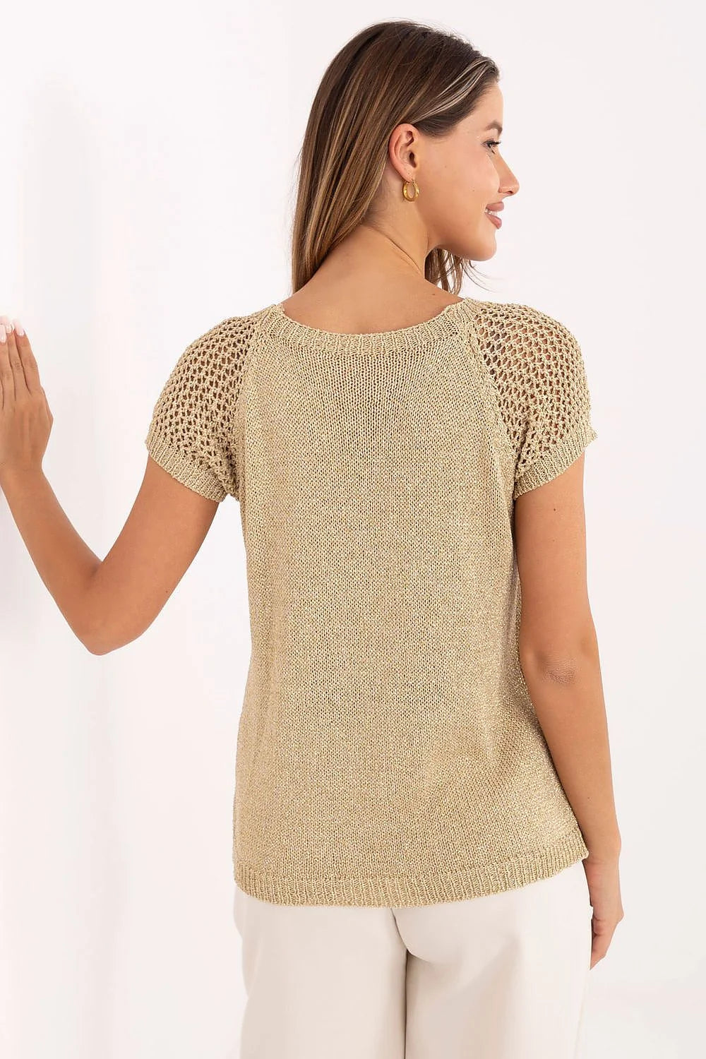 Pull élégant pour femme manches courtes en maille légère beige doré coupe décontractée occasion quotidienne