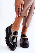 mocassins femme verni noir chaîne dorée slipon semelle crantée épaisse plateforme antidérapante confortable polyvalent urbanchic élégant intemporel
