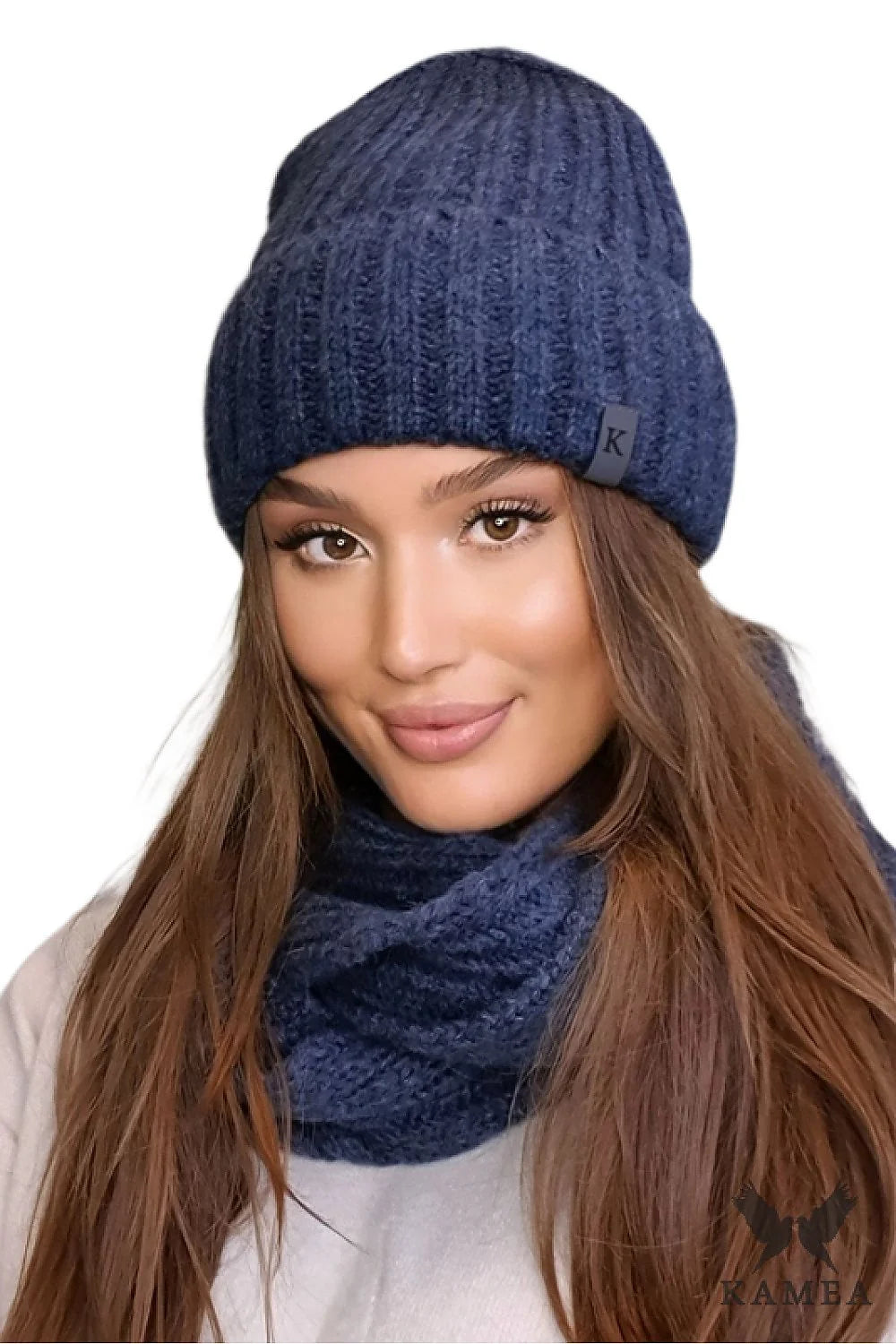 Ensemble hiver Kamea bonnet col tricoté femme style classique bleu marine matelassé maille côtelée doux confort