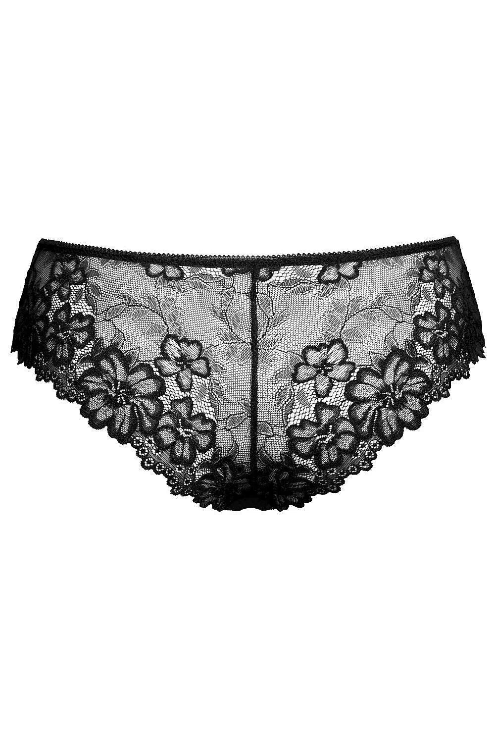 culotte dentelle noire florale féminine microfibre douce bordure festonnée noeud satiné avant taille élastiquée gousset coton couvrance modérée