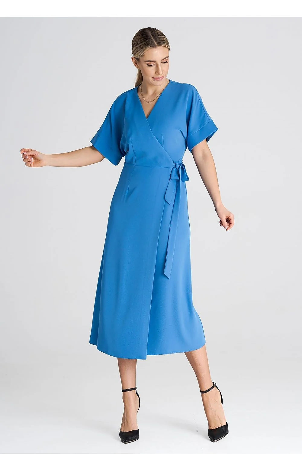 Robe de jour Figl inspiration classique élégance robe portefeuille manches courtes bleu vif sash ajustable femme
