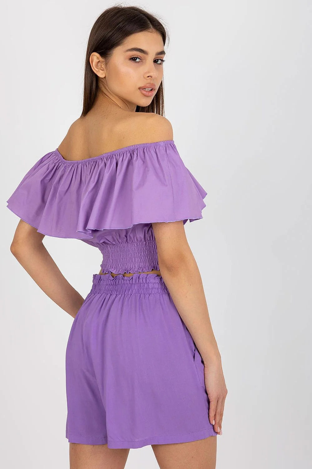 haut court bardot bohème coton extensible léger fluide volant généreux épaules dénudées smockée taille haute short paperbag ceinture nouée lilas