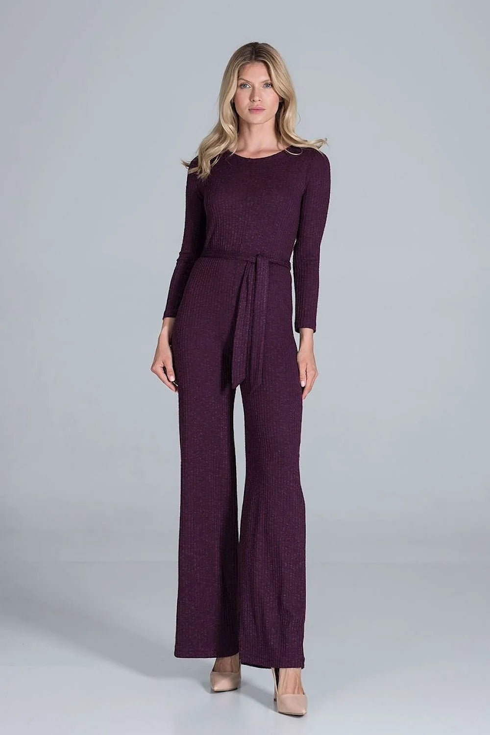 Combinaison élégante maille côtelée bordeaux moderne ajustable manches longues jambes larges ceinture assortie femme