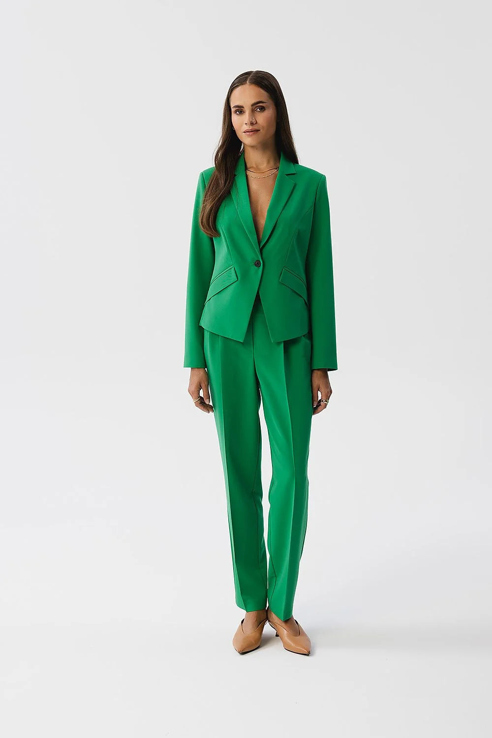 Pantalon femme Stylove taille haute vert vif tissu lisse coupe droite plis devant poches latérales fermeture dissimulée