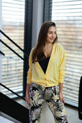Cardigan et Pantalon Femme Style Estival Imprimé Tropical Jaune Clair Manches Longues Taille Élastique