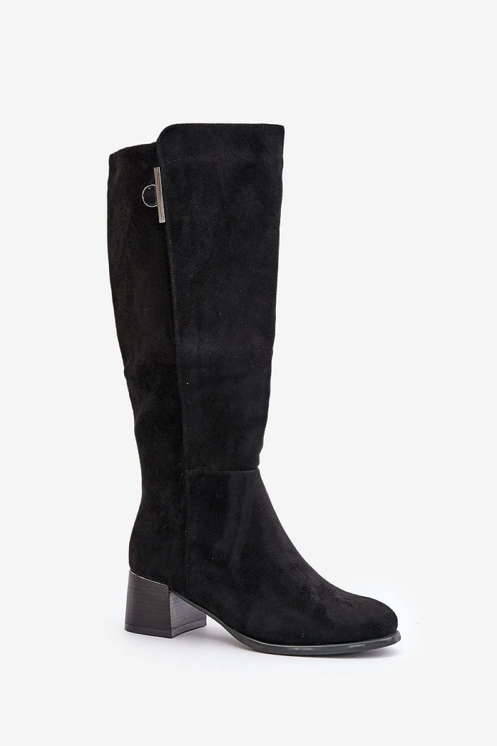bottes suédine écologique noires mi mollet bout arrondi talon carré bas maintien confortable silhouette ajustée fermeture éclair intérieure détail métallique