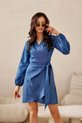 Robe de jour style portefeuille manches longues tailleur ajustable coton 100% bleu denim femme
