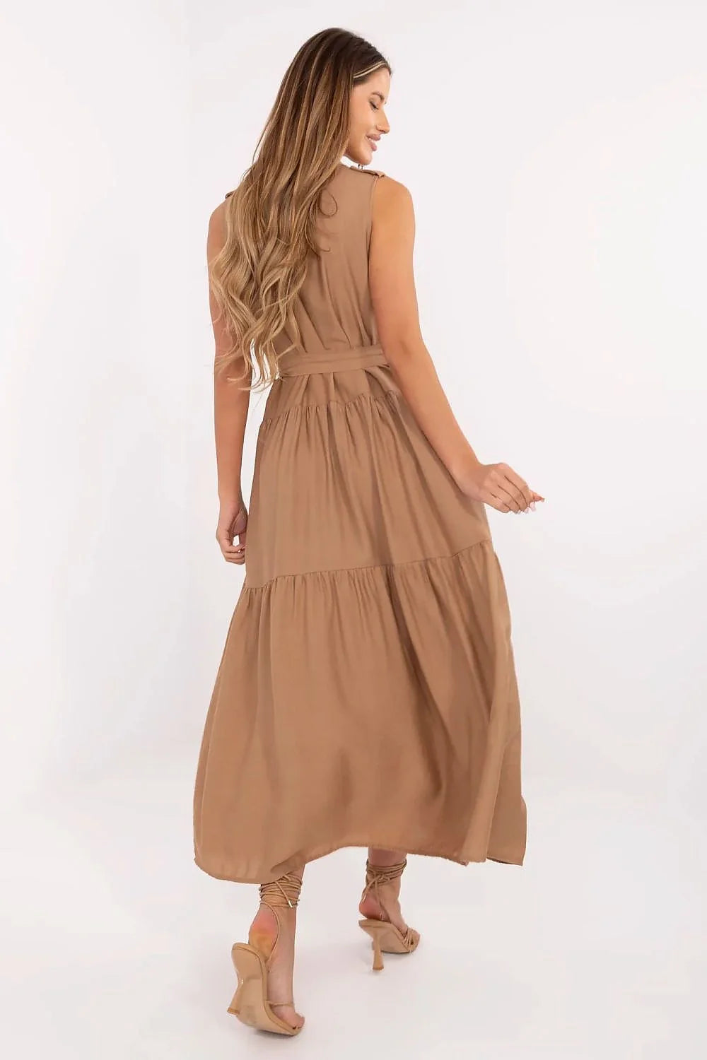 Robe élégante pour femme sans manches longue col classique ceinture ajustable viscose nylon beige mode été