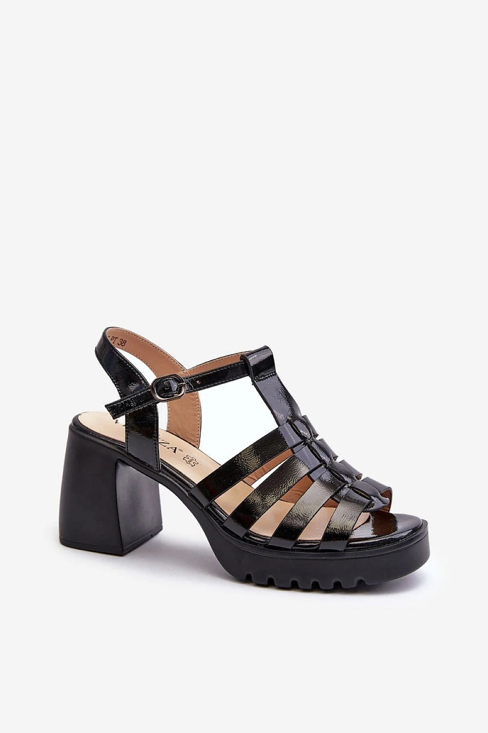 sandales talon carré cuir verni noir brides croisées bout ouvert plateforme semelle crantée antidérapante boucle métallique rembourrée confortable rétro moderne