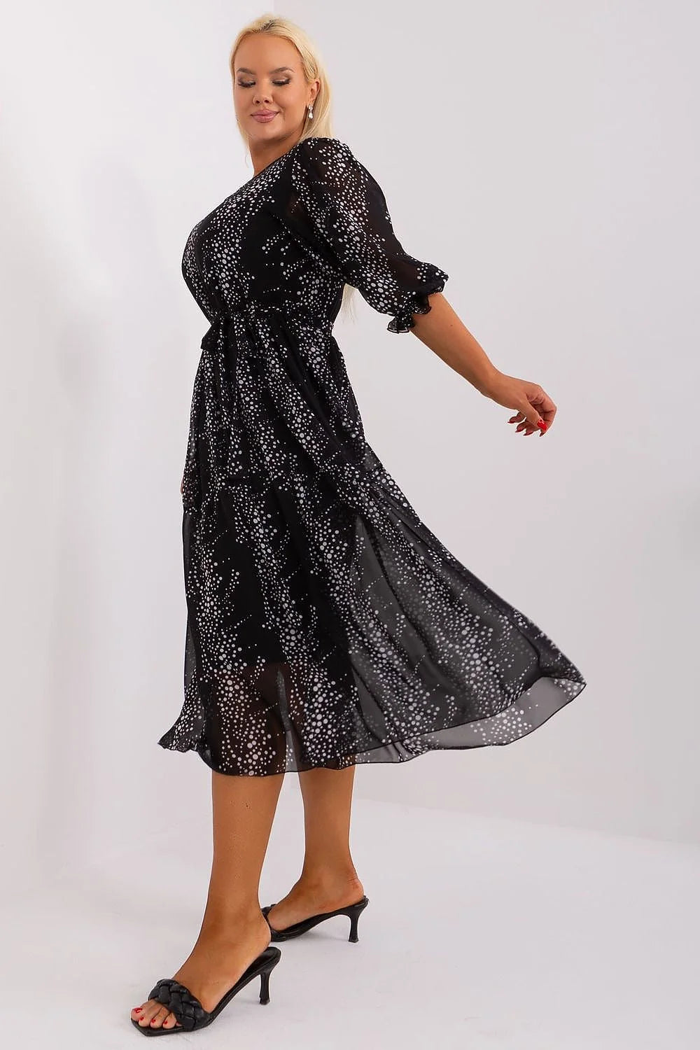 Robe longue fluide pour femme taille grande motif étoilé manches 3/4 encolure ronde tissu léger confortable