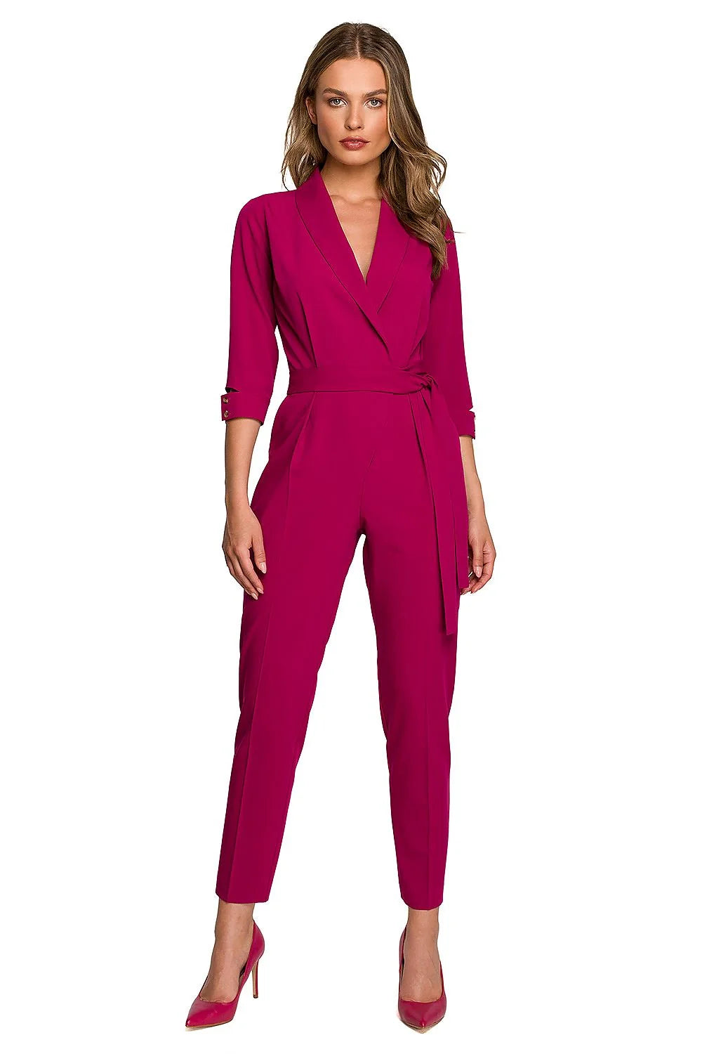 combinaison femme chic élégante vert forêt manches trois quart ceinture nouée col châle slim tailleur boutons dorés