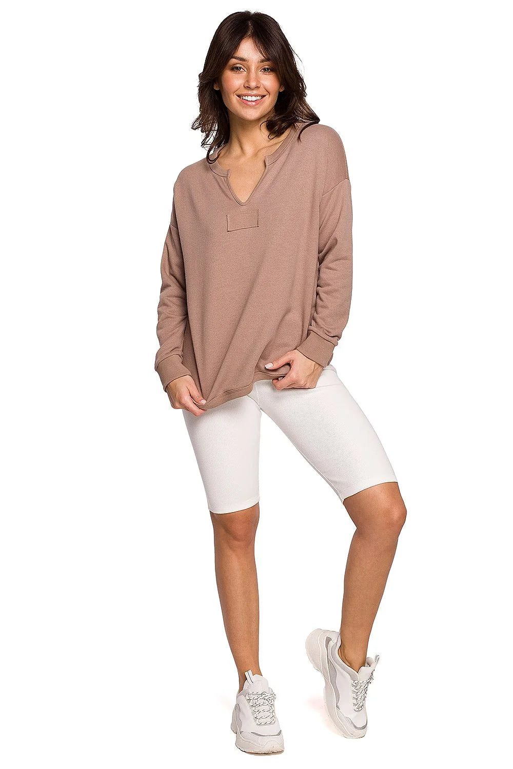 Sweatshirt femme coton coupe ample rose col V manches longues confortable style décontracté élégant