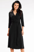Robe de jour élégante portefeuille noir ceinture à nouer manches 3/4 coupe ajustée longueur midi femme