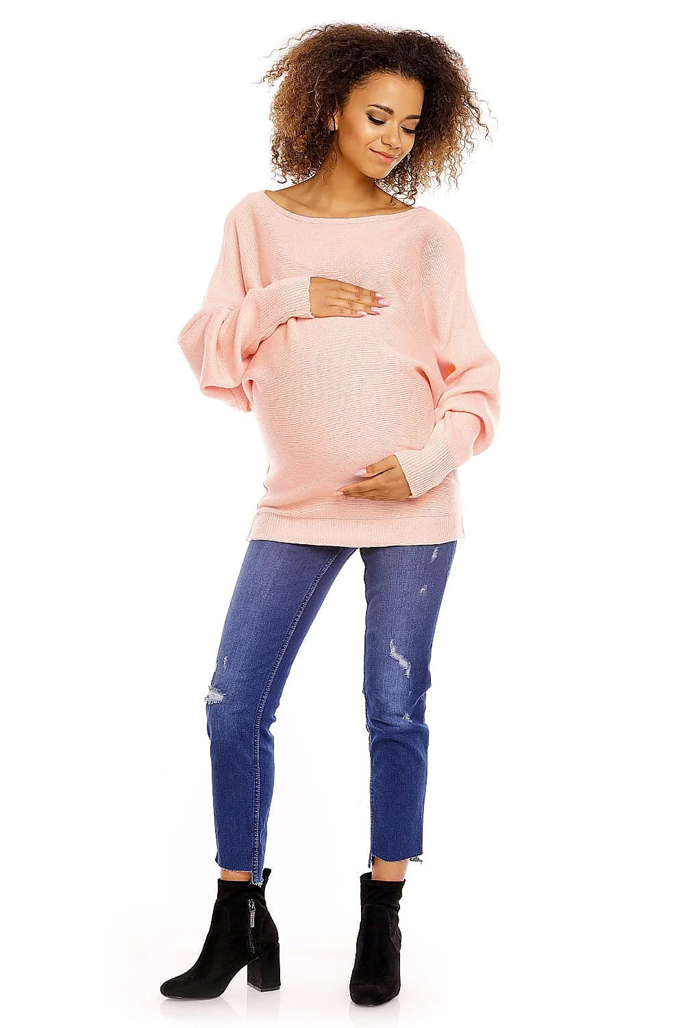Chandail grossesse Pee Ka Boo maternity top, pull maternité confortable, style casual, couleur rose pâle, coupe ample, manches longues, encolure bateau, acrylique 100 %