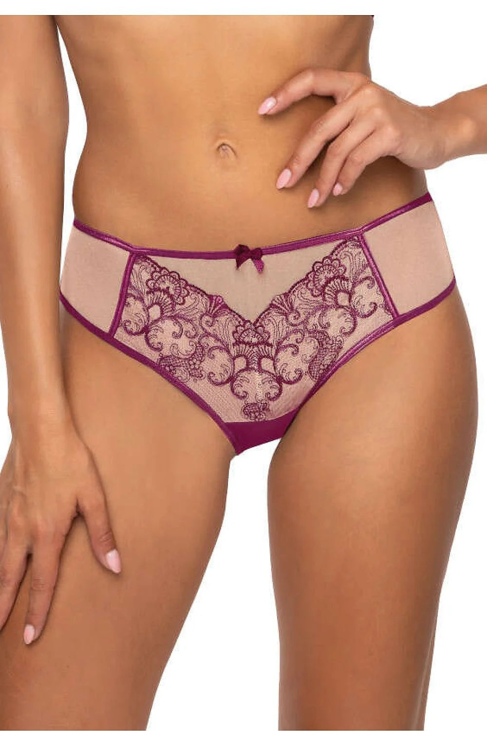 Culotte de lingerie féminine élégante nude bordeaux dentelle maille satin nœud taille mi-haute confort femme