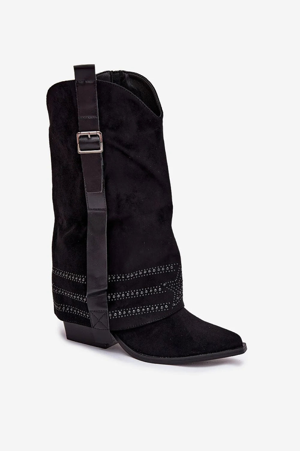bottes cowboy femme suédine écologique noire mi mollet talon pilier biseauté bout pointu sangle boucle métallique clous décoratifs