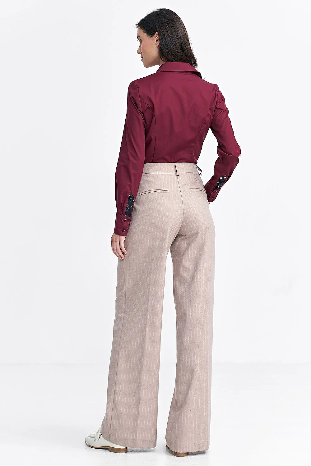 Pantalon long élégant pour femme coupe large matière douce style décontracté chic couleur beige rayures blanches hauteur de taille ajustable polyvalent mode intemporel haute qualité