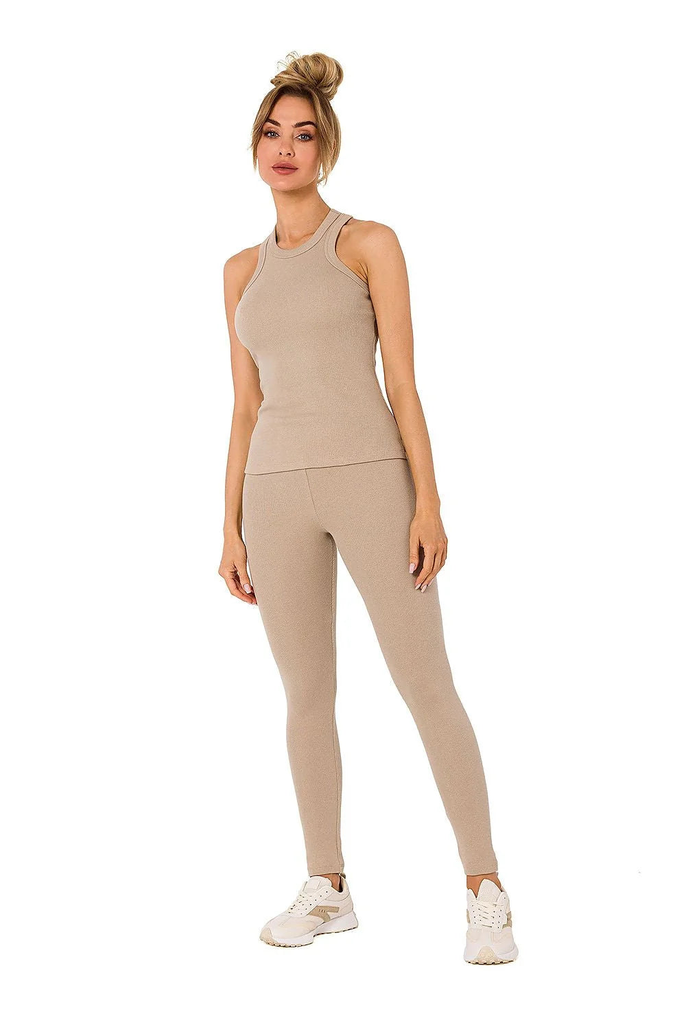ensemble sportif femme maille côtelée vert émeraude ajusté débardeur col rond sans manches pantalon taille haute extensible respirant