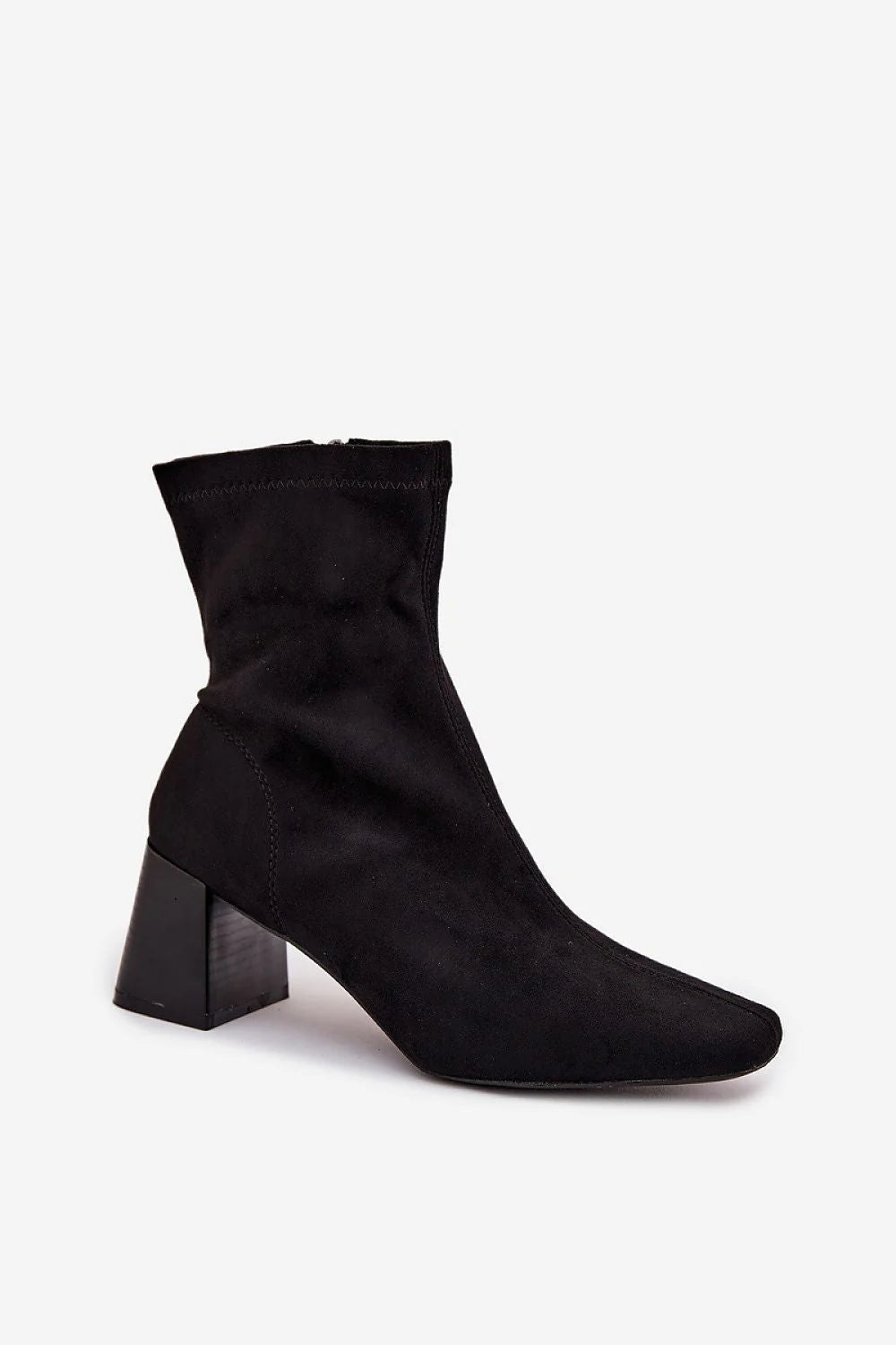 bottines femme suédine noire talon bloc carré mihaut stable confort silhouette affinée fermeture éclair latérale couture longitudinale tige chic élégantes
