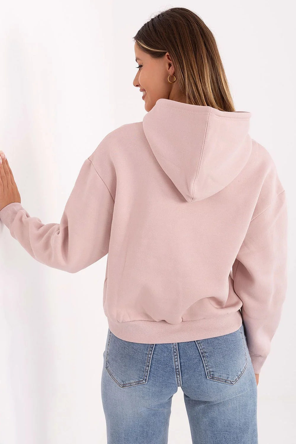 sweat capuche femme rose poudré court décontracté molleton doux doublé manches longues bordcotes imprimé coeur minimaliste confortable chaud casual streetwear
