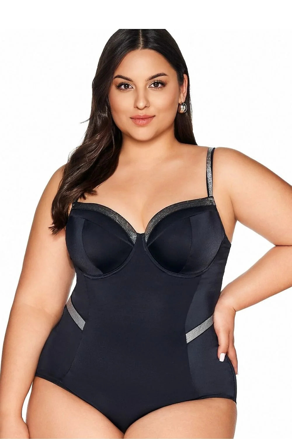 Maillot de bain une pièce Ava élégant noir métallique femmes soutien-gorge intégré fermeture dos métallique