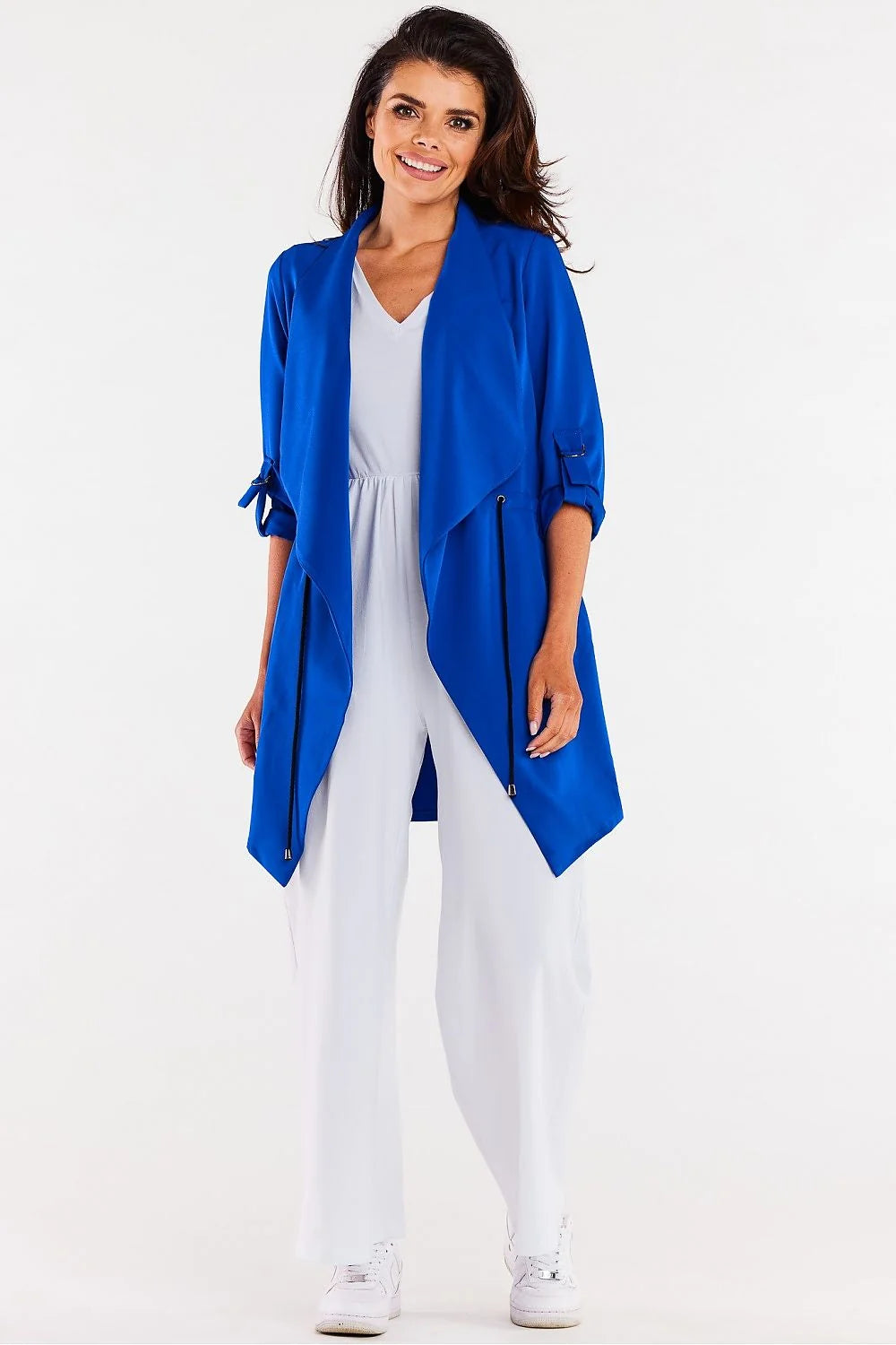 Blazer femme Awama coupe redingote manches longues détails métalliques sans nickel veste longue élégante confortable Pologne élasthanne polyester
