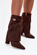 bottines femme suédine marron foncé bout pointu talon bloc mi mollet tombé plissé fermeture zippée bride boucle dorée