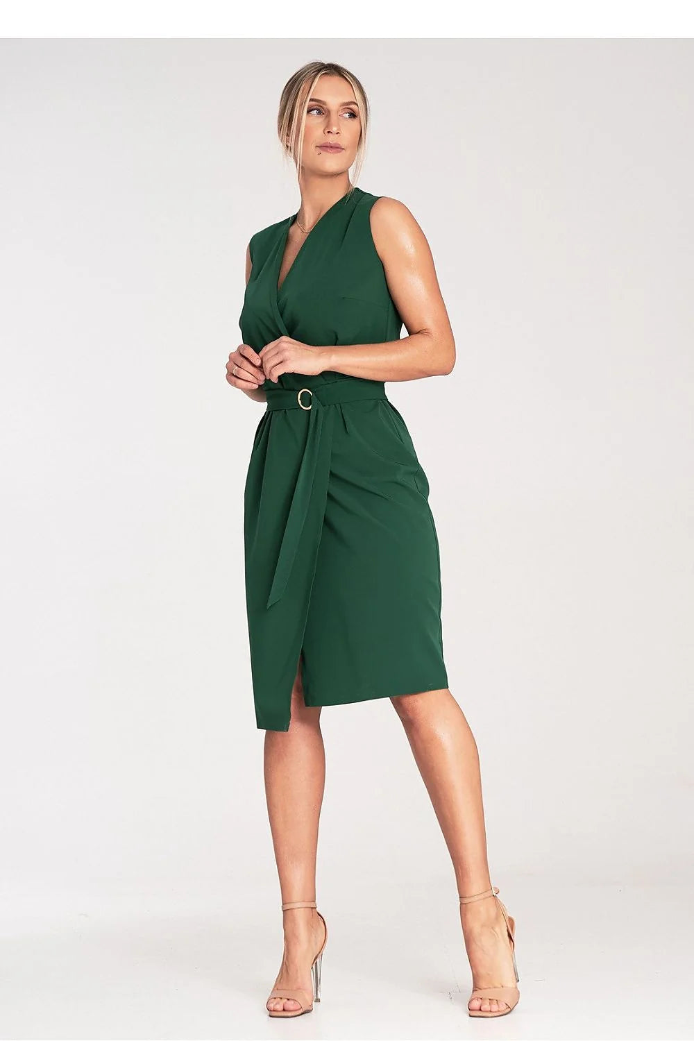 Robe élégante vert foncé sans manches ceinture dorée en V dos nu polyester viscose femme