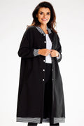 Manteau long pour femme style universitaire rayures blanches et noires coton élasthanne poches latérales boutons pression versatile décontracté moderne hiver urbain