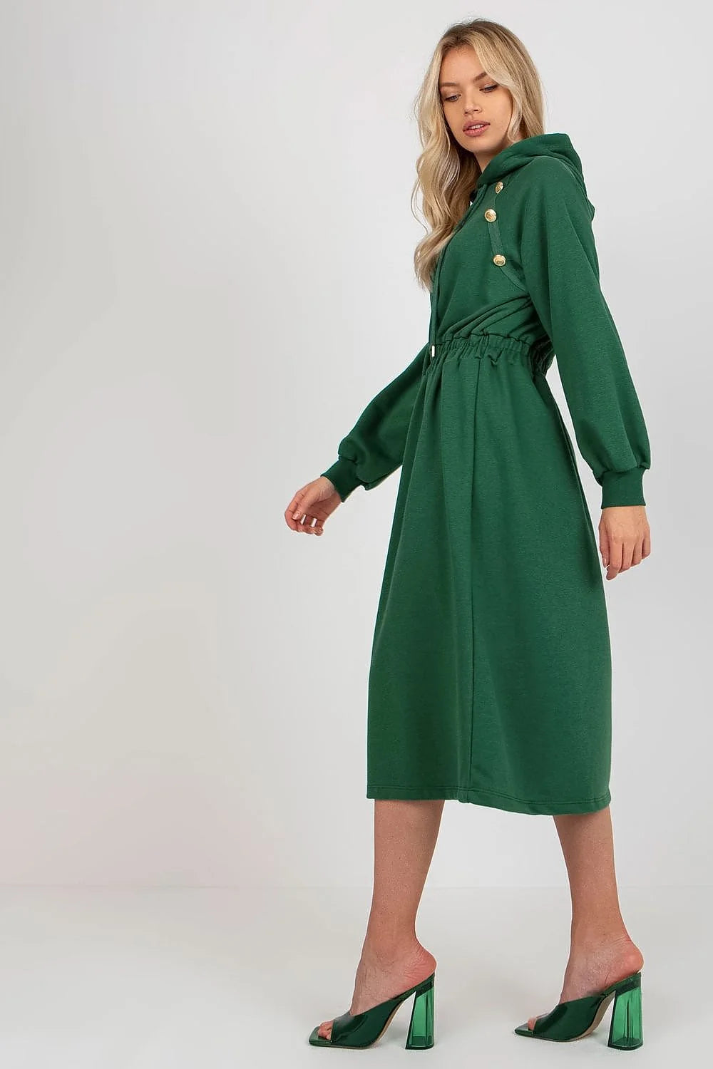 Robe de jour Relevance en coton et elasthanne, manches longues, capuche, boutons decoratifs, couleur verte, style casual, pour femme