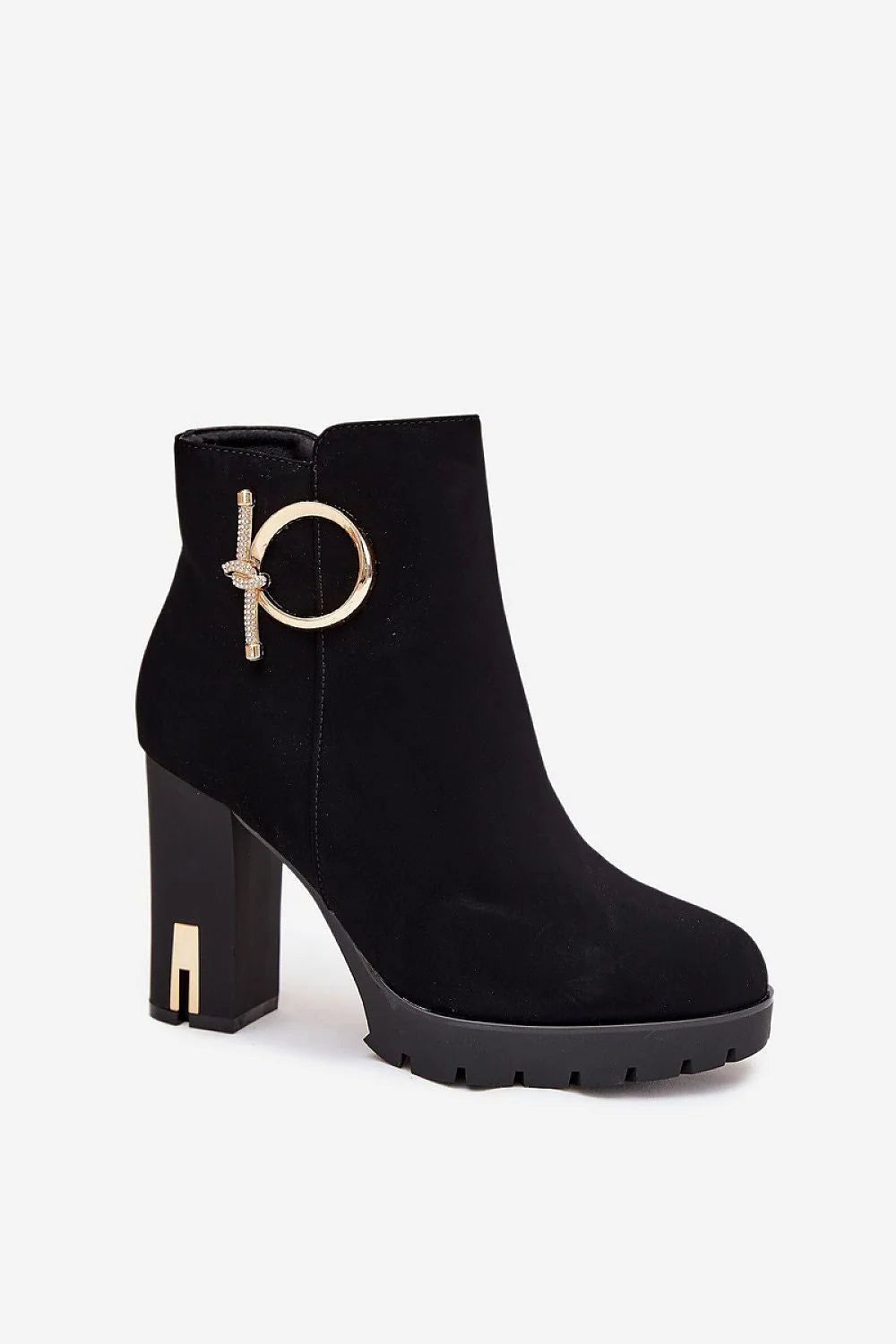 bottines femme suédine noire talon bloc haut plateforme semelle crantée bout rond fermeture éclair latérale anneau doré décoratif