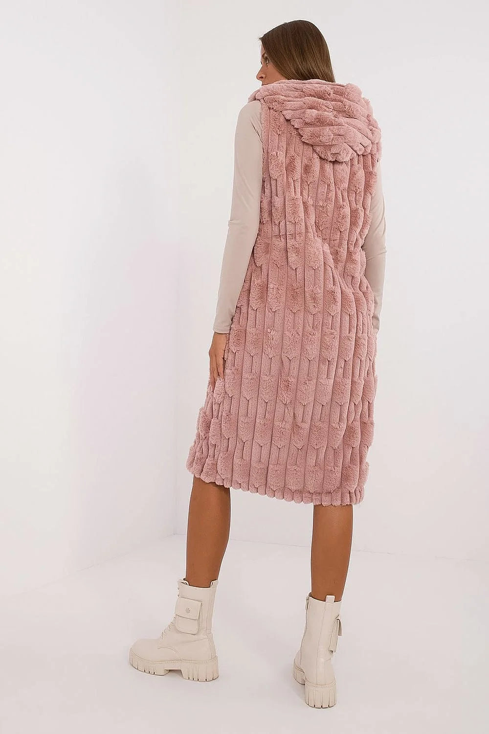 Gilet pour femme en fausse fourrure rose pâle longue sans manches col capuche style élégant occasion formelle hiver mi-saison