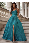 Robe de soirée élégante longue tissu scintillant turquoise coupe ajustée silhouette sablier fente haute femme élégance