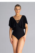 body féminin noir encolure plongeante laçage croisé manches cape drapé épaules courtes tissu stretch galbant coupe ajustée maintien léger polyvalent
