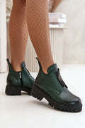 bottines femme cheville cuir véritable vert foncé grainé montantes maintien confort semelle épaisse crantée plateforme bout rond fermeture éclair latérale