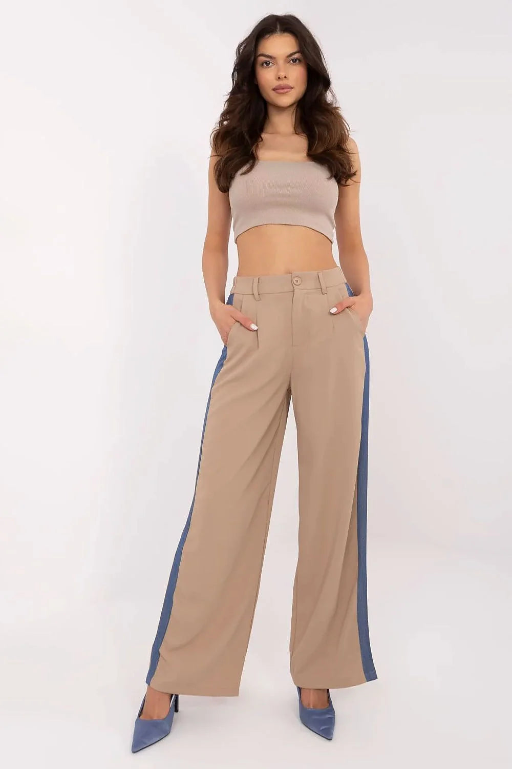 Ensemble femme crop top et pantalon évasé beige bandes contrastées polyester élasthanne taille ajustable look casual