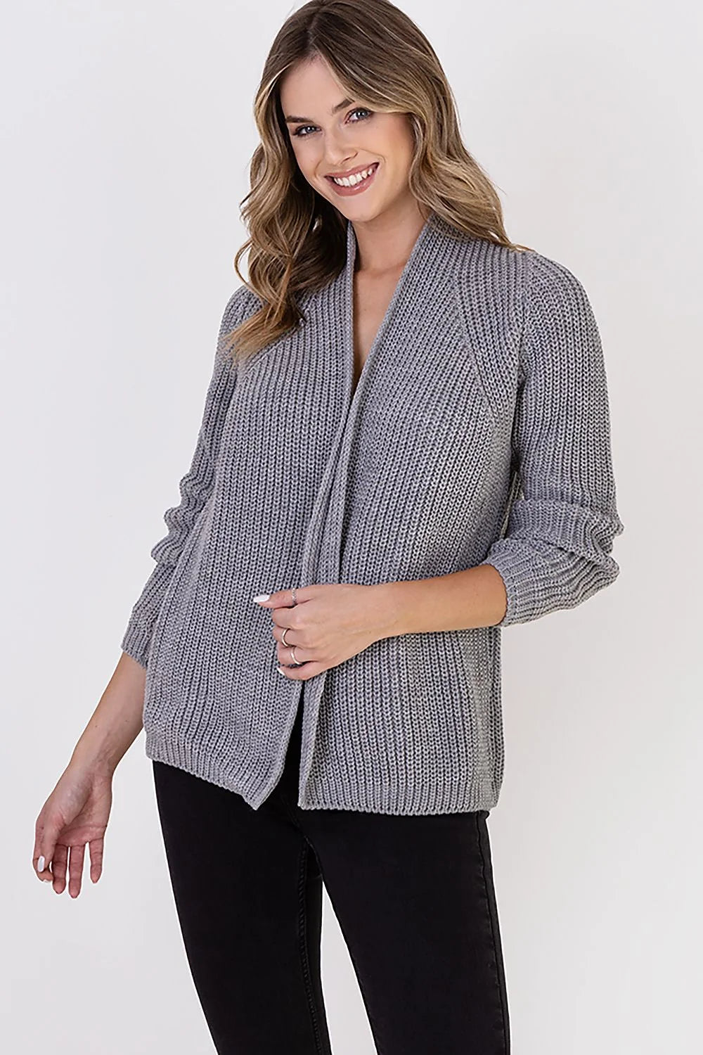 Cardigan femme côtelé en maille acrylique et laine, col châle, style décontracté chic, polyvalent pour quotidien et soirées, gris