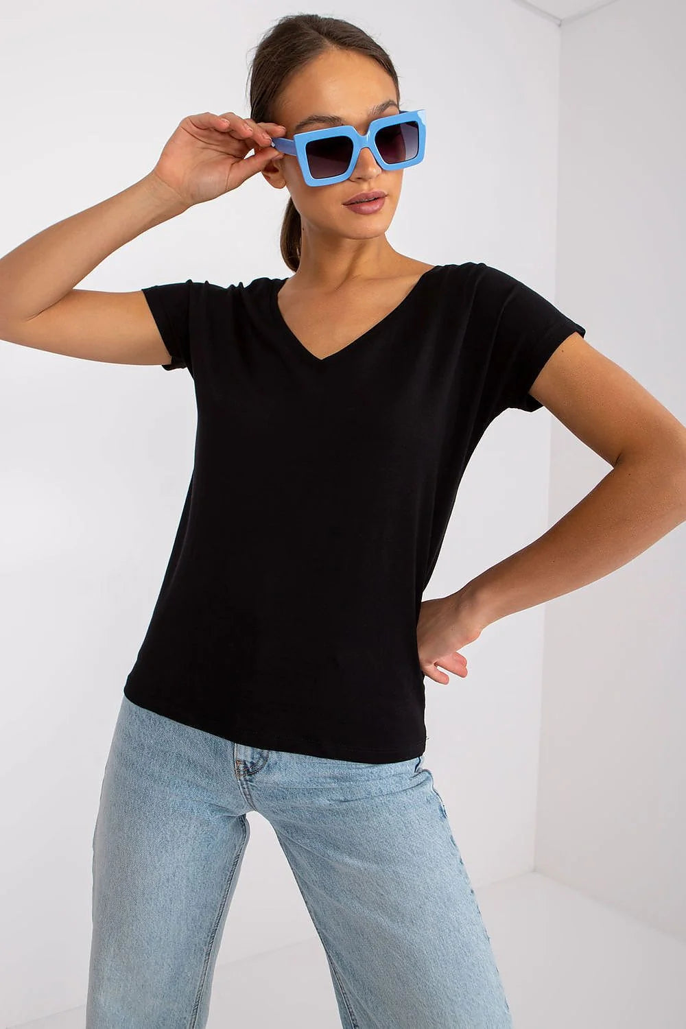 T-shirt femme loose manches courtes col V couleur verte vif coton elastane taille ajustable S M L XL XS