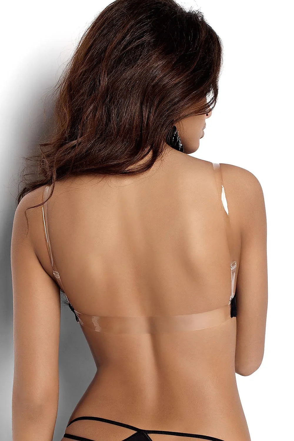Soutien-gorge noir satiné sexy minimaliste avec bretelles transparentes pour un décolleté irrésistible et moderne