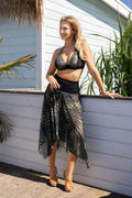 Costume de bain plage bikini brassière pareo tissu transparent motifs feuilles noire verte olive femme