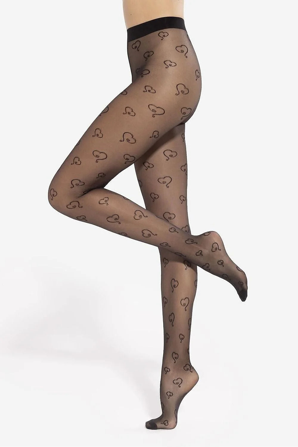 collants femme transparents noirs résille motif coeurs répétés mat 20DEN taille haute culotte Tband ceinture élastique renforcés orteils gousset