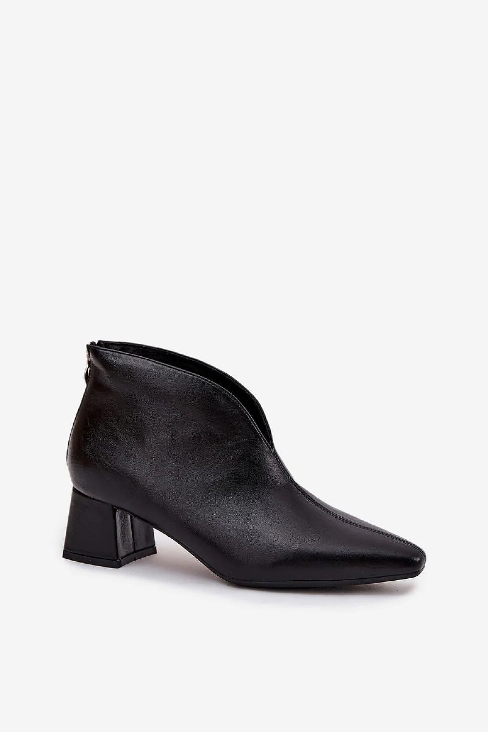 bottines femmes cuir écologique noir bout amande découpe V empeigne talon colonne moyen stable confort fermeture arrière